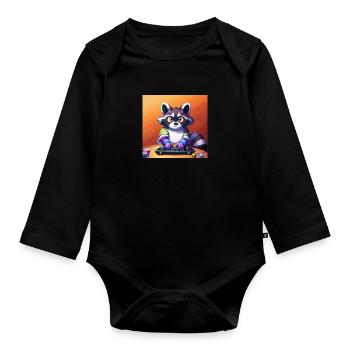 racoon playing computer games - Baby Bio-Langarm-Body - Schwarz - Vorne