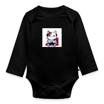 Kaweii cat playing computer games digital art - Baby Bio-Langarm-Body - Schwarz - Vorne