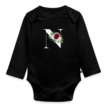lettre N fleuris - Body Bébé bio manches longues - noir - Devant