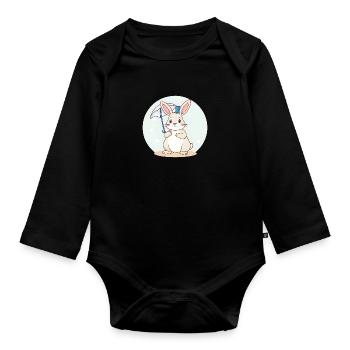 Niedliches Cartoon-Kaninchen mit Regenschirm auf braunem Grund - Baby Bio-Langarm-Body - Schwarz - Vorne