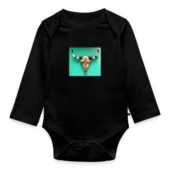 Stierschädel mit Ornamenten an einer grünen Wand - Baby Bio-Langarm-Body - Schwarz - Vorne