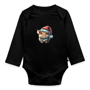 Weihnachtsschwein, niedliches Tier, Mütze - Baby Bio-Langarm-Body - Schwarz - Vorne