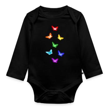 rainbow butterflies; Regenbogen-Schmetterlinge - Baby Bio-Langarm-Body - Schwarz - Vorne