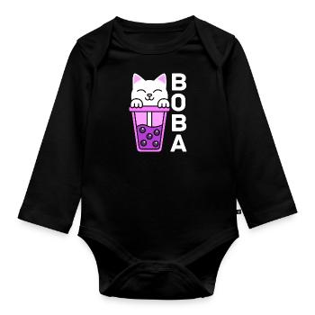 Cat In Boba Tea - Baby Bio-Langarm-Body - Schwarz - Vorne