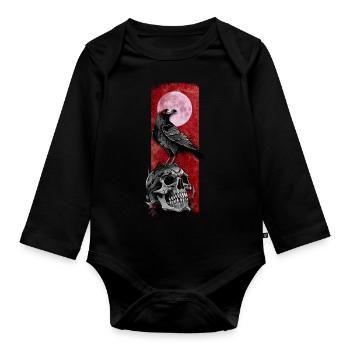 Nächtliches Omen: Rabe auf Totenkopf mit Mond - Baby Bio-Langarm-Body - Schwarz - Vorne