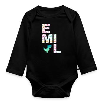 EMIL - Beautiful boy name with dinosaur - Organic Longsleeve Baby Bodysuit - black - Front