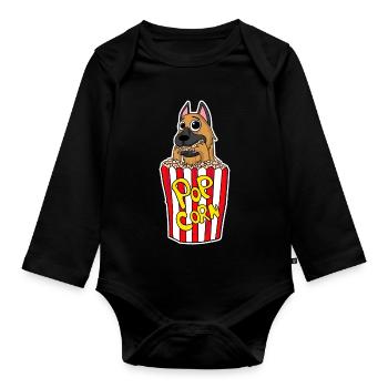 Popcorn Kino Hund Filme Film Filmabend - Baby Bio-Langarm-Body - Schwarz - Vorne