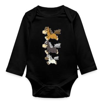 Drei Galoppierende Pferde Comic Design - Baby Bio-Langarm-Body - Schwarz - Vorne