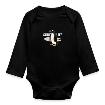 Penguin Surfing Vintage Surfer Gift - Organic Longsleeve Baby Bodysuit - black - Front