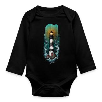 Guiding Light: Lighthouse Amidst the Sea Waves - Organic Longsleeve Baby Bodysuit - black - Front