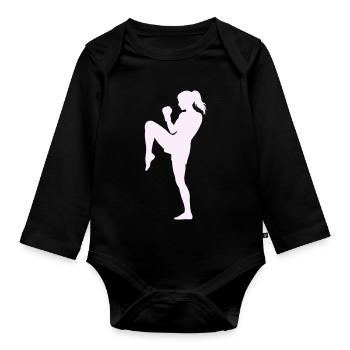 Coup de pied dynamique féminin en arts martiaux - Body Bébé bio manches longues - noir - Devant