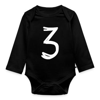 3 YEARS. 3rd ANNIVERSARY. BIRTHDAY 3 YEARS. THREE - Organic Longsleeve Baby Bodysuit - black - Front