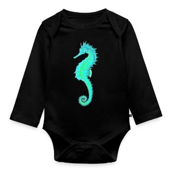 Seepferdchen Türkis. Meeresleben. Seepferdchen - Baby Bio-Langarm-Body - Schwarz - Vorne
