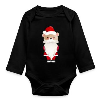 LITTLE CHRISTMAS BEAR WITH SANTA HAT AND BEARD - Organic Longsleeve Baby Bodysuit - black - Front