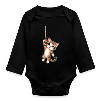 Katze hängt am Seil - Baby Bio-Langarm-Body - Schwarz - Vorne