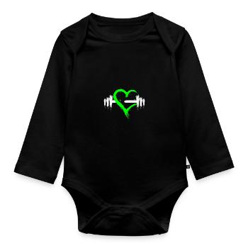 Coeur avec haltère vert blanc Design Nouveau Fitness - Body Bébé bio manches longues - noir - Devant