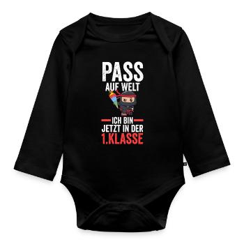 1.Klasse Ninja Schulanfänger Geschenk - Baby Bio-Langarm-Body - Schwarz - Vorne