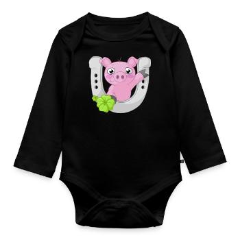 Glücks Comic Schweinchen - Baby Bio-Langarm-Body - Schwarz - Vorne