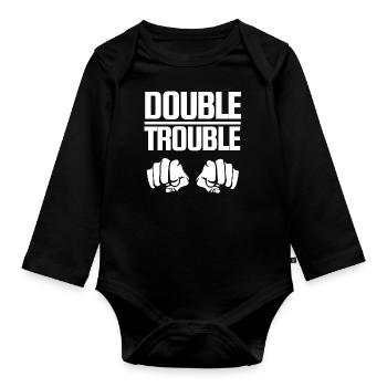 Schriftzug Design "Double Trouble" Fäuste - Baby Bio-Langarm-Body - Schwarz - Vorne
