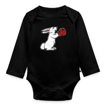 Boxender Hase Vintage Boxhandschuhe Geschenk Boxen - Baby Bio-Langarm-Body - Schwarz - Vorne