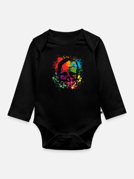 Skull - Totenkopf - Farbkleckse - Baby Bio-Langarm-Body - Schwarz