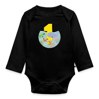 Cadeau de la tortue baleine de la vie marine 1er anniversaire - Body Bébé bio manches longues - noir - Devant