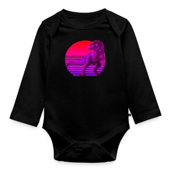 Retrowave Sunset with TRex - Organic Longsleeve Baby Bodysuit - black - Front