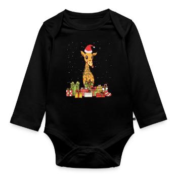 Giraffe Christmas Lights Santa Hat Xmas Gift - Organic Longsleeve Baby Bodysuit - black - Front