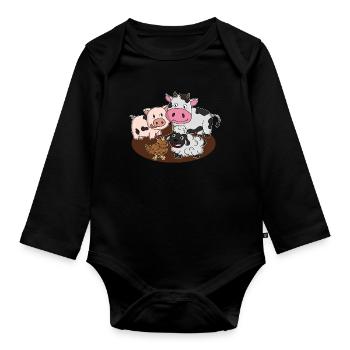 Animaux de ferme porc vache boeuf poulet moutons - Body Bébé bio manches longues - noir - Devant