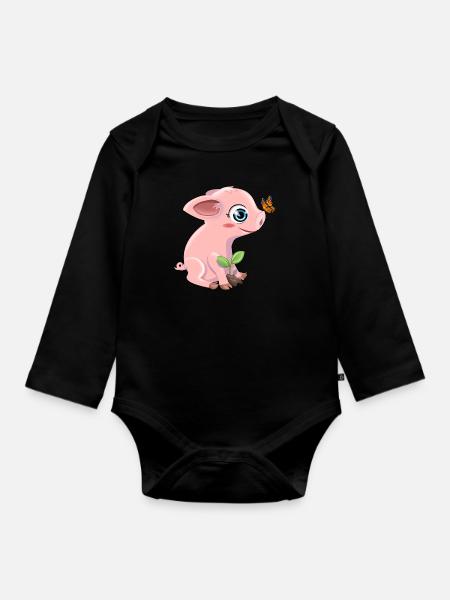Schwein mit Schmetterling - Baby Bio-Langarm-Body - Schwarz