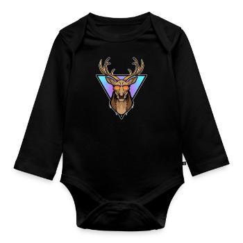 Lustiger Hirsch Deer mit Geweih & Sonnebrille - Baby Bio-Langarm-Body - Schwarz - Vorne