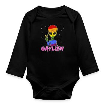 Alien Gay Gaylien LGBT Schwul Regenbogen CSD - Baby Bio-Langarm-Body - Schwarz - Vorne