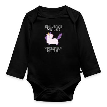 PhD unicorn saying university gift - Organic Longsleeve Baby Bodysuit - black - Front