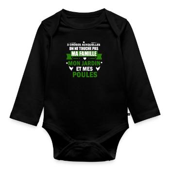 ne touche pas ma famille mon jardin et mes poules - Body Bébé bio manches longues - noir - Devant