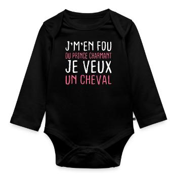 Je m'en fou du prince charmant je veux un cheval - Body Bébé bio manches longues - noir - Devant