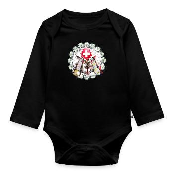 Herdkuh mit Schweizer Flagge und Edelweiß - Baby Bio-Langarm-Body - Schwarz - Vorne