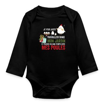 Travailler dans mon jardin avec mes poules - Body Bébé bio manches longues - noir - Devant