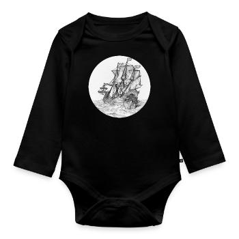 Sailing Ship at Sea Pencil Drawing Art - Organic Longsleeve Baby Bodysuit - black - Front