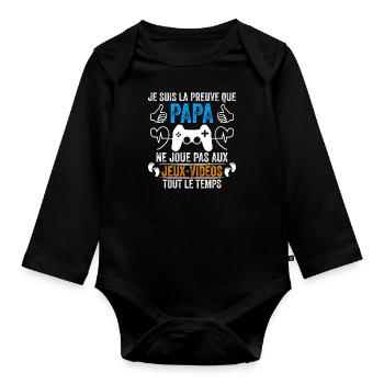 Papa Gamer Humour Cadeau Bébé Gamer Papa Geek - Body Bébé bio manches longues - noir - Devant
