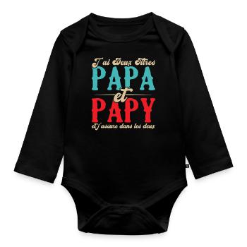 J'ai deux titres papa et papy - Body Bébé bio manches longues - noir - Devant
