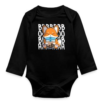 boba foxcute kawaii fox drinking bubble tea - Organic Longsleeve Baby Bodysuit - black - Front