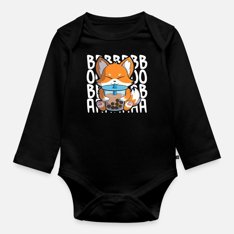 boba foxcute kawaii fox buvant du thé à bulles - Body Bébé bio manches longues - noir