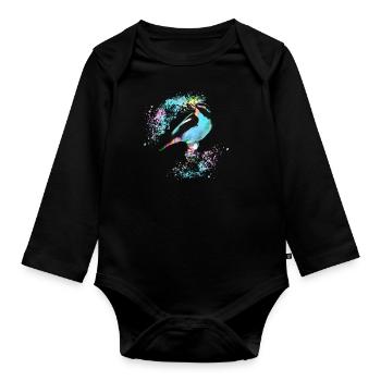 Oiseau, dessin, peinture,,aquarelle,coloré,bleu - Body Bébé bio manches longues - noir - Devant
