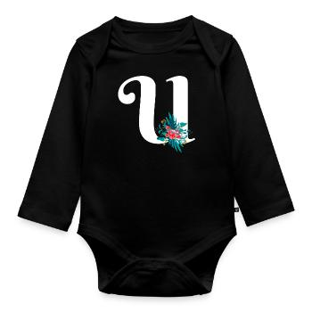 letter U flowered - Organic Longsleeve Baby Bodysuit - black - Front