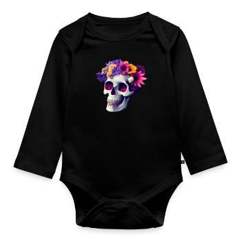 Skull with floral decoration - Organic Longsleeve Baby Bodysuit - black - Front