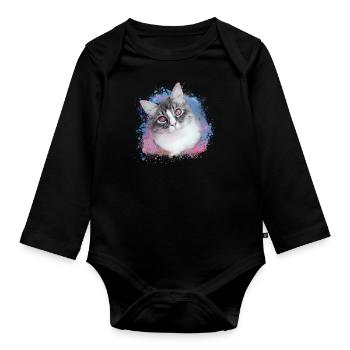 cat, colorful, watercolor, art, painting, graffiti, pink - Organic Longsleeve Baby Bodysuit - black - Front