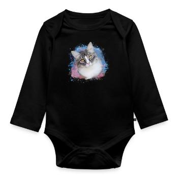 cat, colorful, watercolor, art, painting, graffiti, yellow - Organic Longsleeve Baby Bodysuit - black - Front