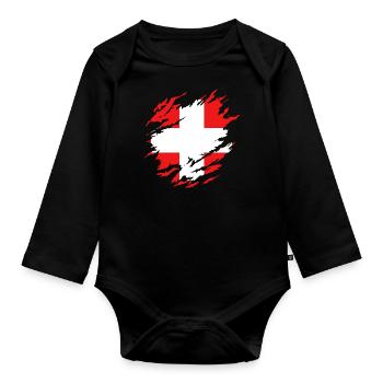 Schweizer Flagge unter Zerrissen - Baby Bio-Langarm-Body - Schwarz - Vorne