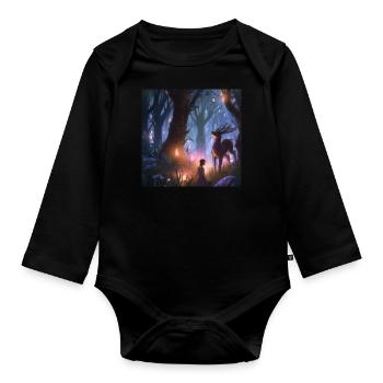 Girl in magical forest surrounded by animals - Organic Longsleeve Baby Bodysuit - black - Front