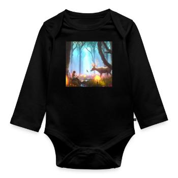 Girl in magical forest surrounded by animals - Organic Longsleeve Baby Bodysuit - black - Front